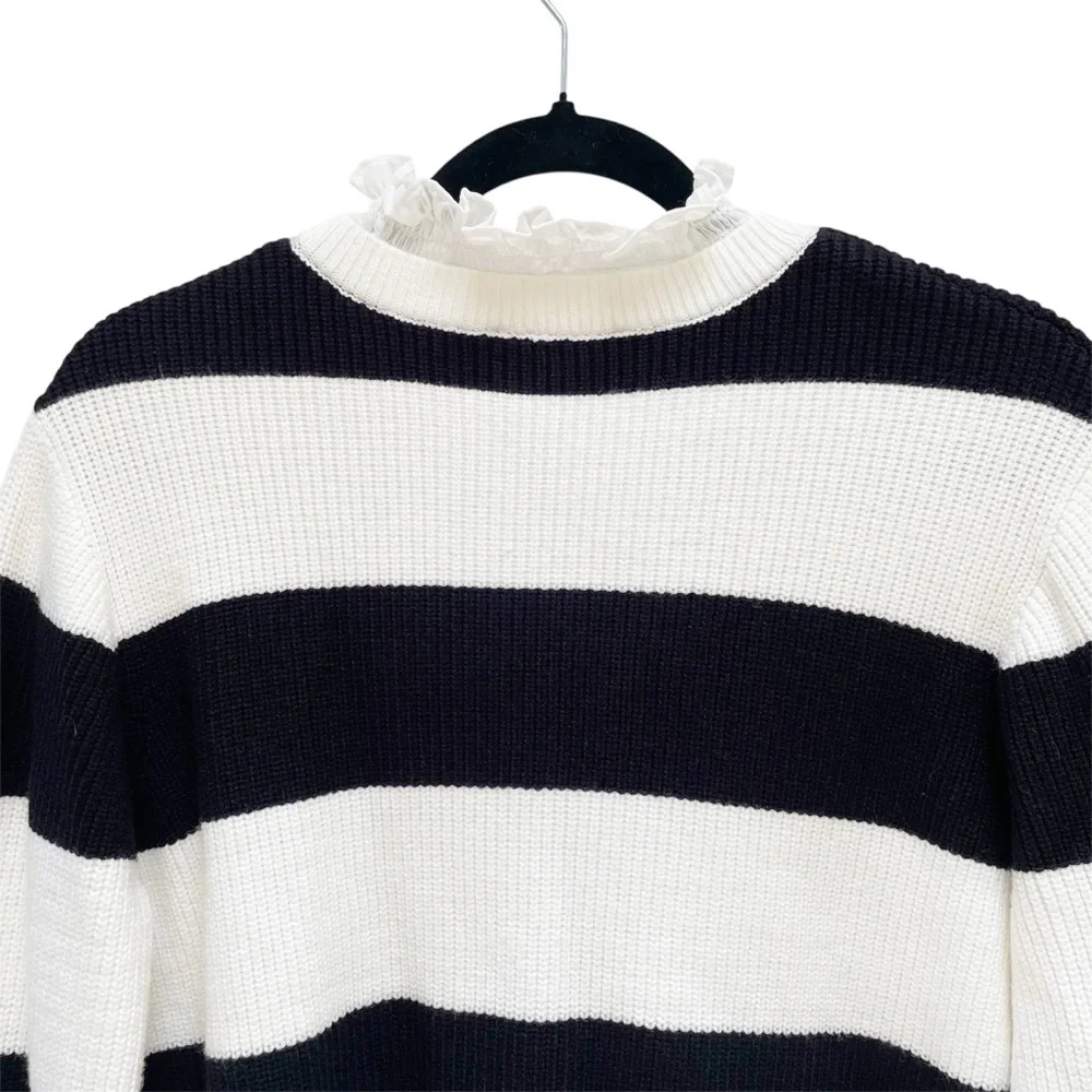 ANTHROPOLOGIE Ruffle Collar Sweater White Black Striped Pullover Medium NWT - Picture 11 of 13